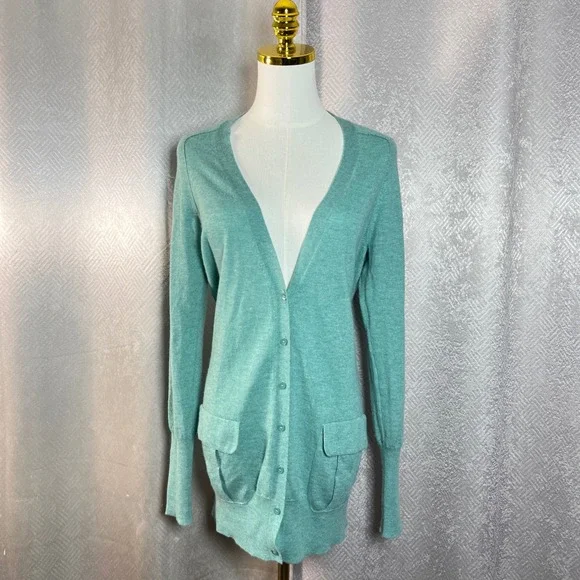 J Crew 100 Percent Cashmere Cardigan Sweater Teal Green Size L Pockets - Picture 4 of 10